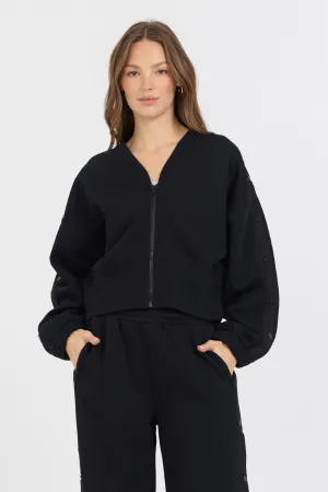 Schwarze gebürstete Fleece-Jacke mit Reißverschluss und Knöpfen an den Ärmeln