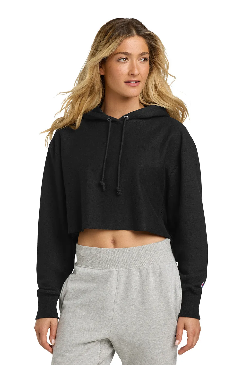 Champion Damen Reverse Weave Cropped Cut Off Kapuzenpullover Hoodie - Schwarz
