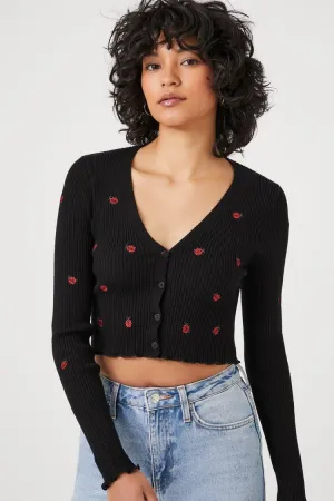 Forever 21 Strick-Cardigan für Damen mit Marienkäfer-Stickerei Schwarz/Mehrfarbig Forever 21