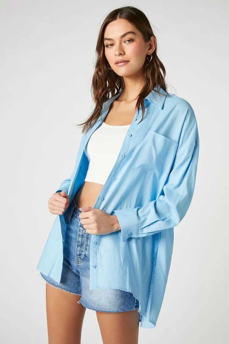 Forever 21 Damen Leinen-Mix Oversized Hemd Blau Forever 21