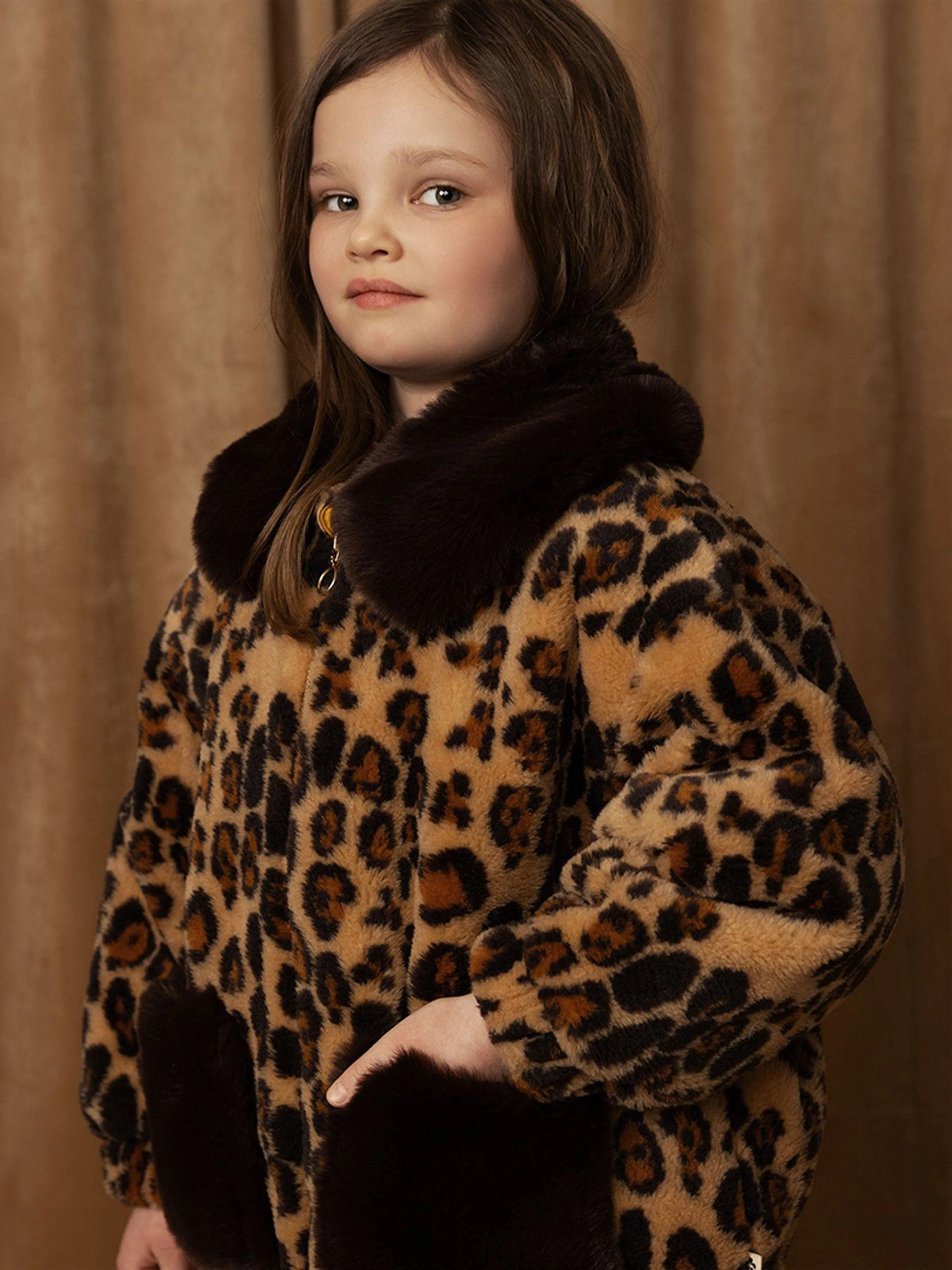 Mädchen Leopard Kunstpelz Jacke in Braun
