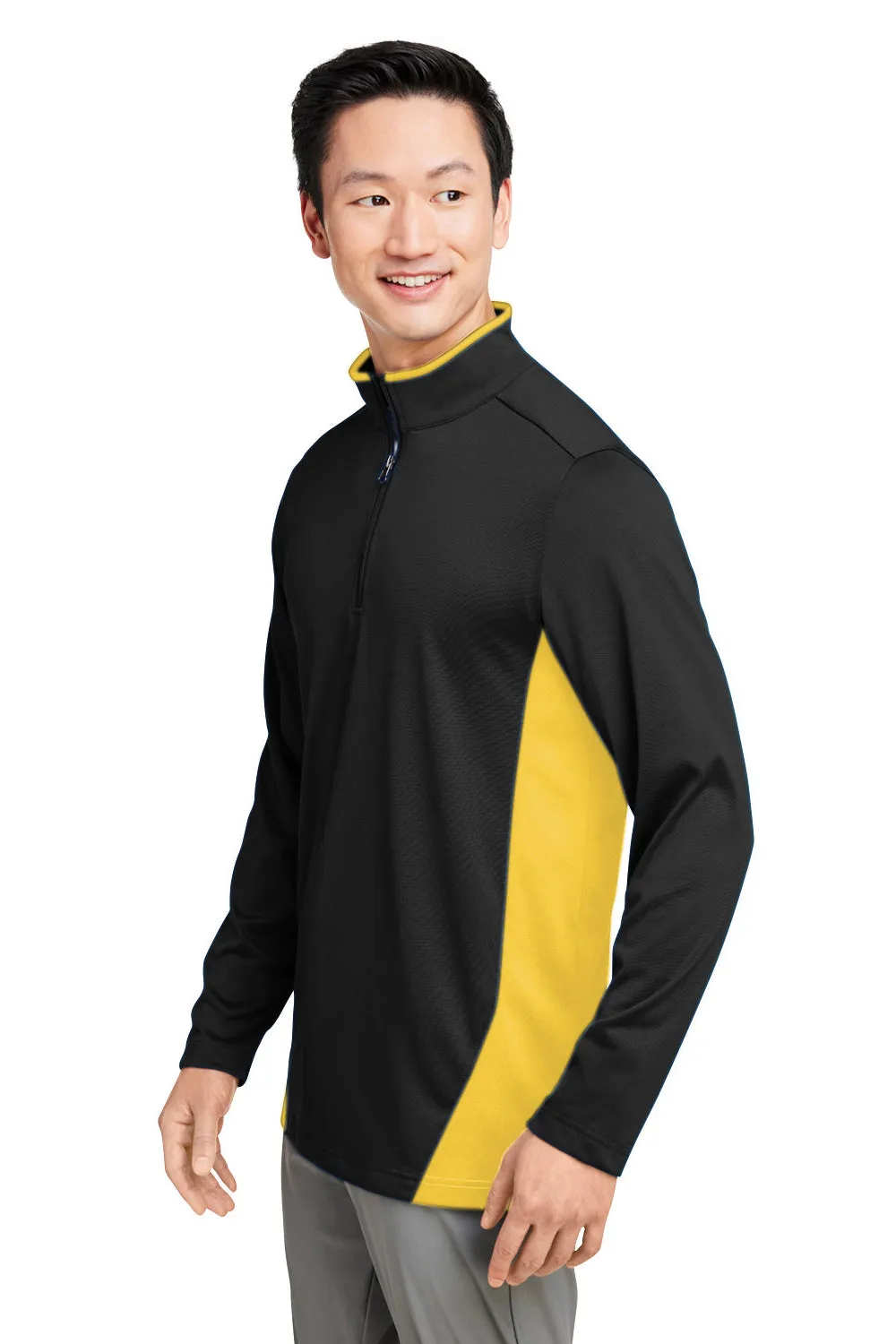 Harriton Herren Flash Performance Feuchtigkeitstransportierendes Colorblock 1/4-Zip Sweatshirt - Schwarz/Sonnenstrahlgelb