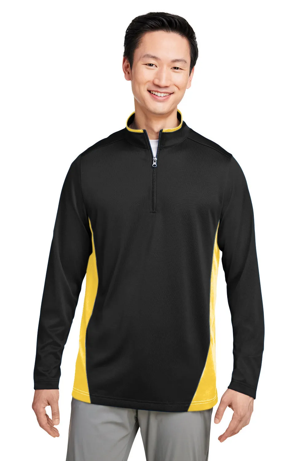 Harriton Herren Flash Performance Feuchtigkeitstransportierendes Colorblock 1/4-Zip Sweatshirt - Schwarz/Sonnenstrahlgelb
