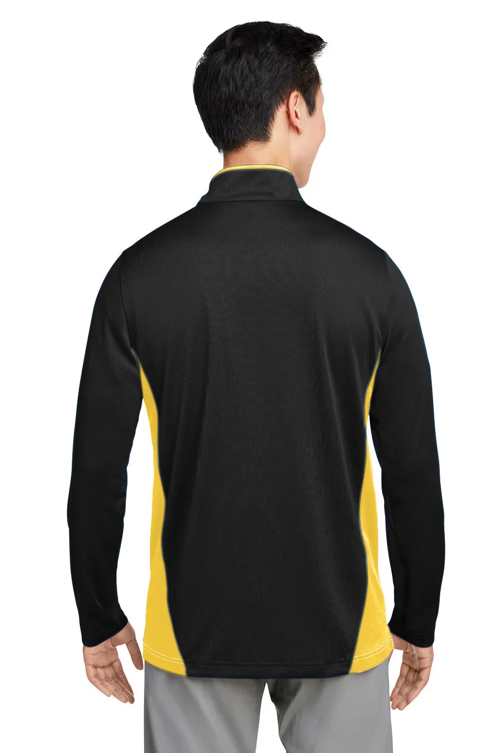 Harriton Herren Flash Performance Feuchtigkeitstransportierendes Colorblock 1/4-Zip Sweatshirt - Schwarz/Sonnenstrahlgelb
