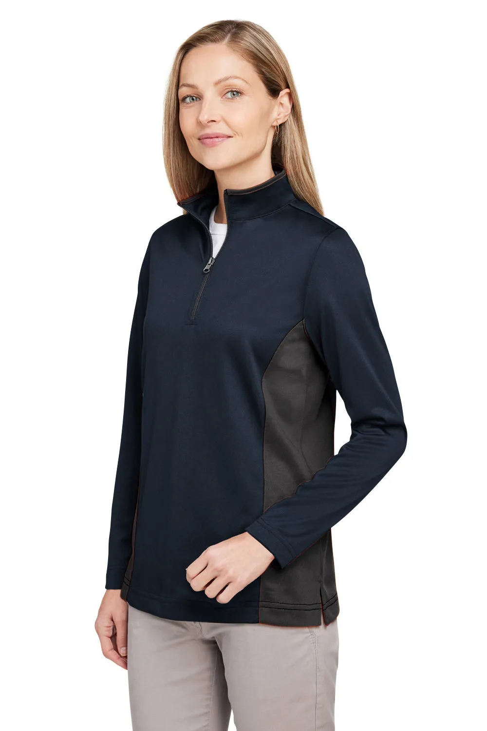 Harriton Damen Flash Performance Feuchtigkeitstransportierendes Colorblock 1/4-Zip Sweatshirt - Dunkelmarineblau/Dunkelschiefergrau