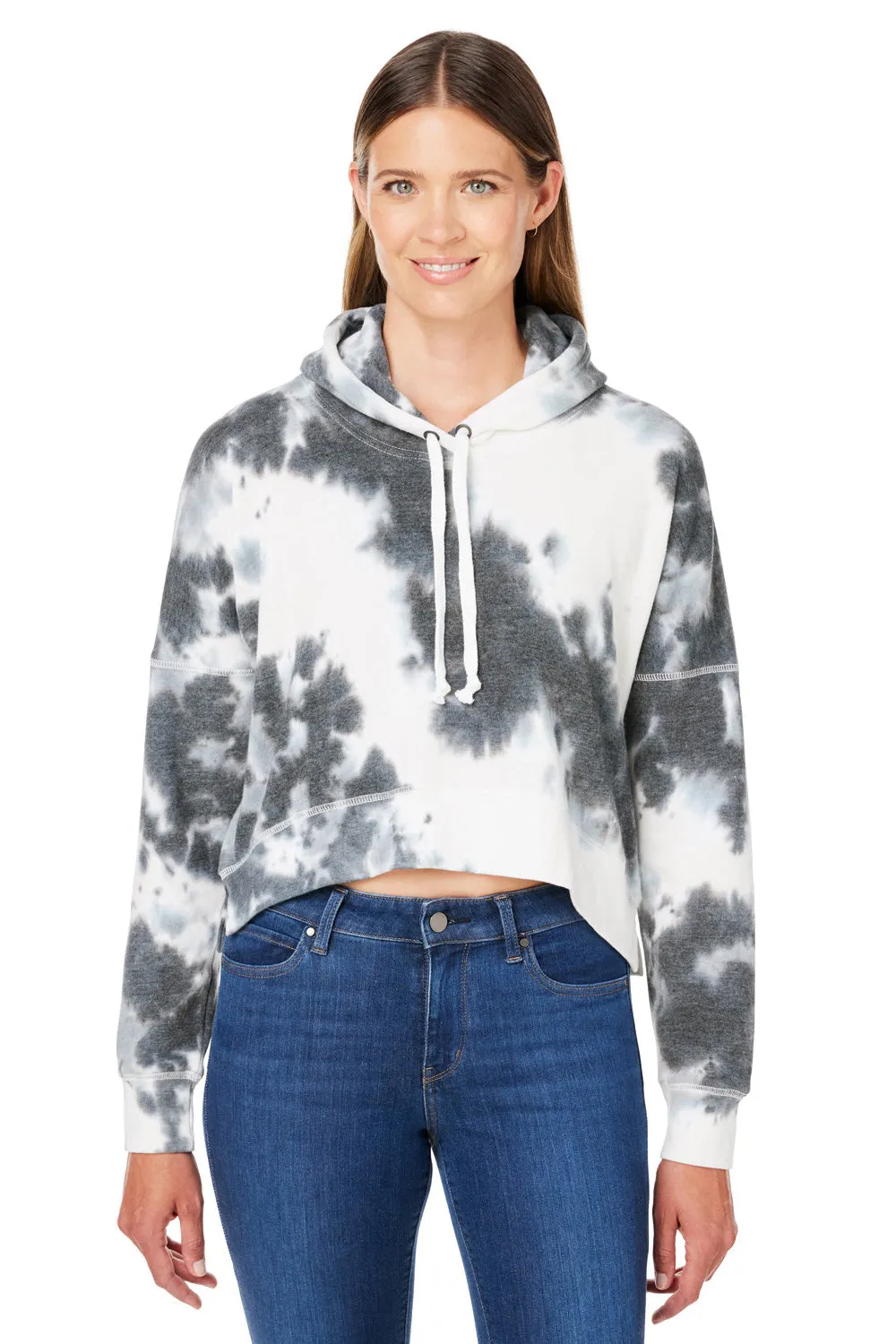 J America Damen Cropped Kapuzenpullover Hoodie - Schwarz Tie Dye