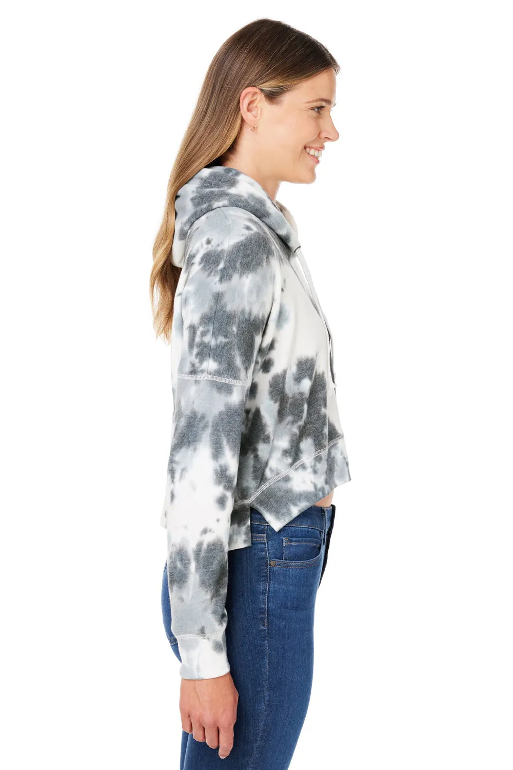 J America Damen Cropped Kapuzenpullover Hoodie - Schwarz Tie Dye