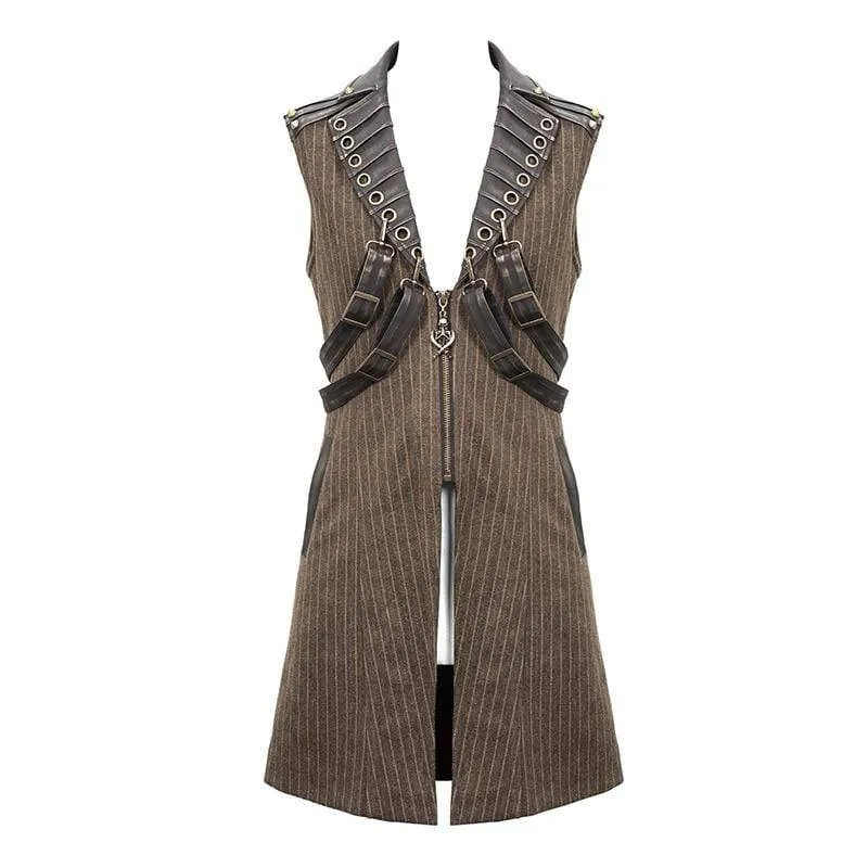 Herren Steampunk Kunstleder Schultergurte Streifen Lange Westen