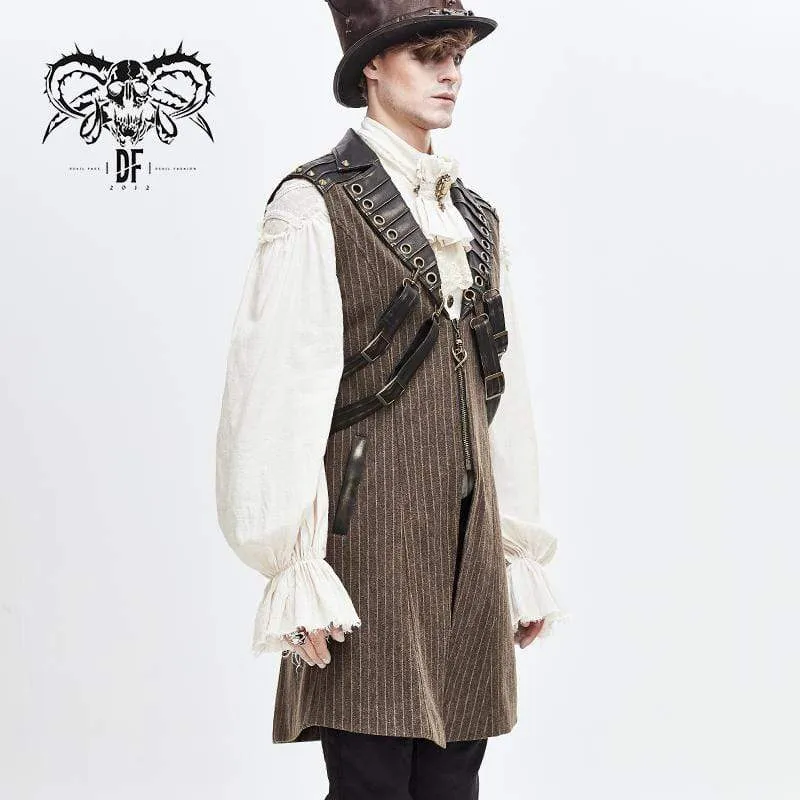 Herren Steampunk Kunstleder Schultergurte Streifen Lange Westen