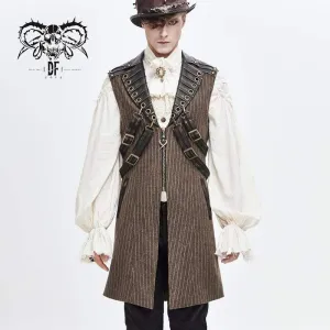 Herren Steampunk Kunstleder Schultergurte Streifen Lange Westen