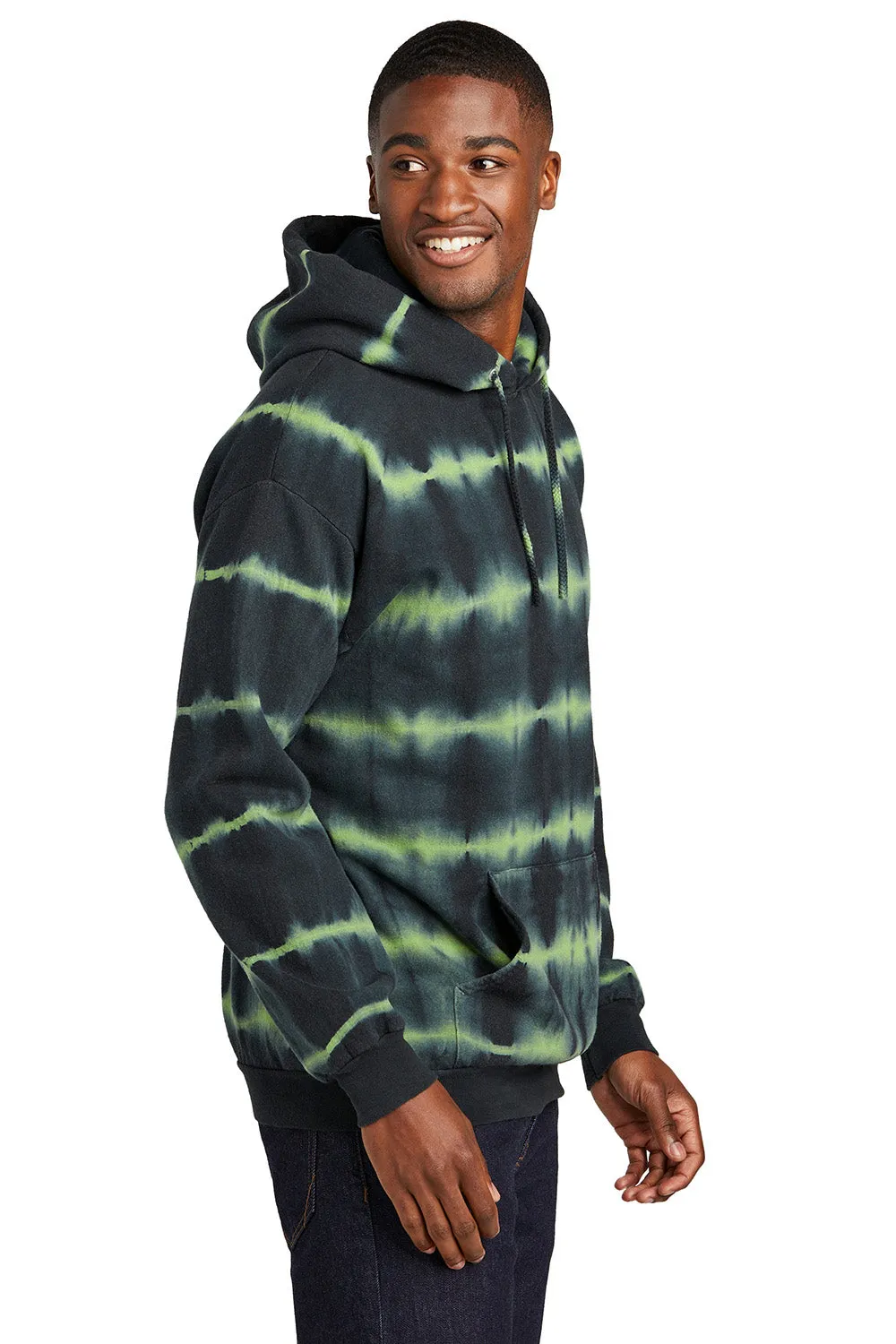 Port & Company Herren Fleece Kapuzenpullover mit Allover-Streifen-Tie-Dye und Kangaroo-Tasche - Grüntee/Schwarz