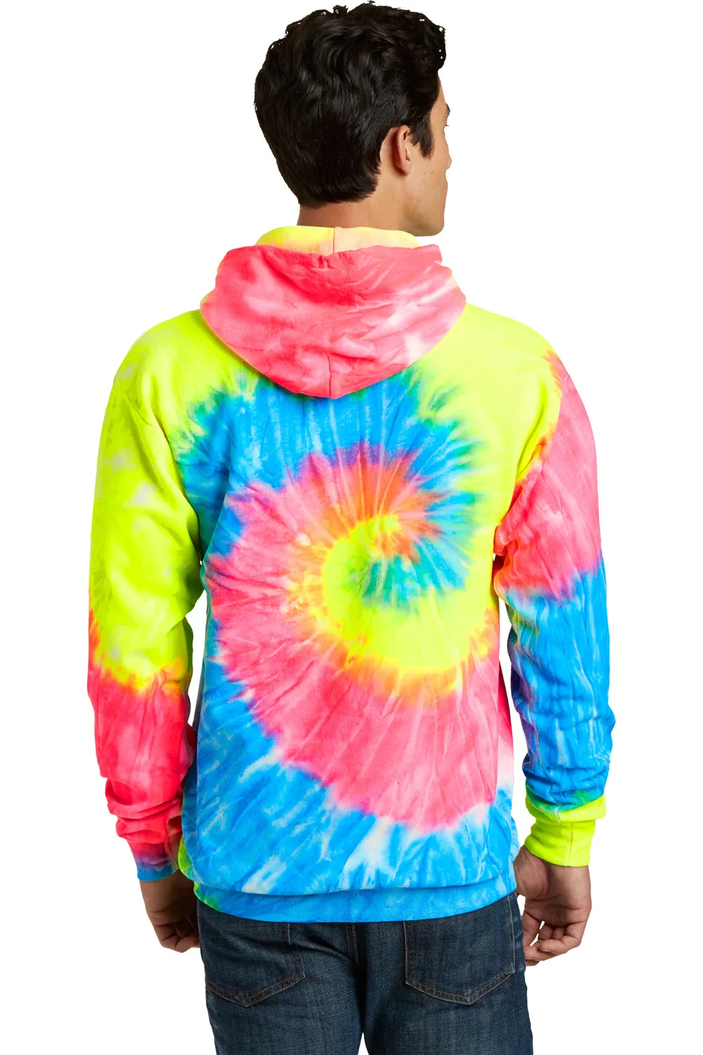 Port & Company Herren Kapuzenpullover mit Tie-Dye-Fleece und Kangaroo-Tasche - Neon Regenbogen