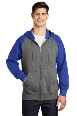 Sport-Tek Herren Fleece-Pullover mit Kapuze und Reißverschluss, schrumpfresistent, mit Taschen - Heather Vintage Grau/Echt Royalblau - Auslaufmodell