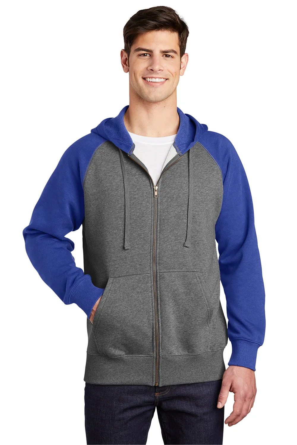 Sport-Tek Herren Fleece-Pullover mit Kapuze und Reißverschluss, schrumpfresistent, mit Taschen - Heather Vintage Grau/Echt Royalblau - Auslaufmodell