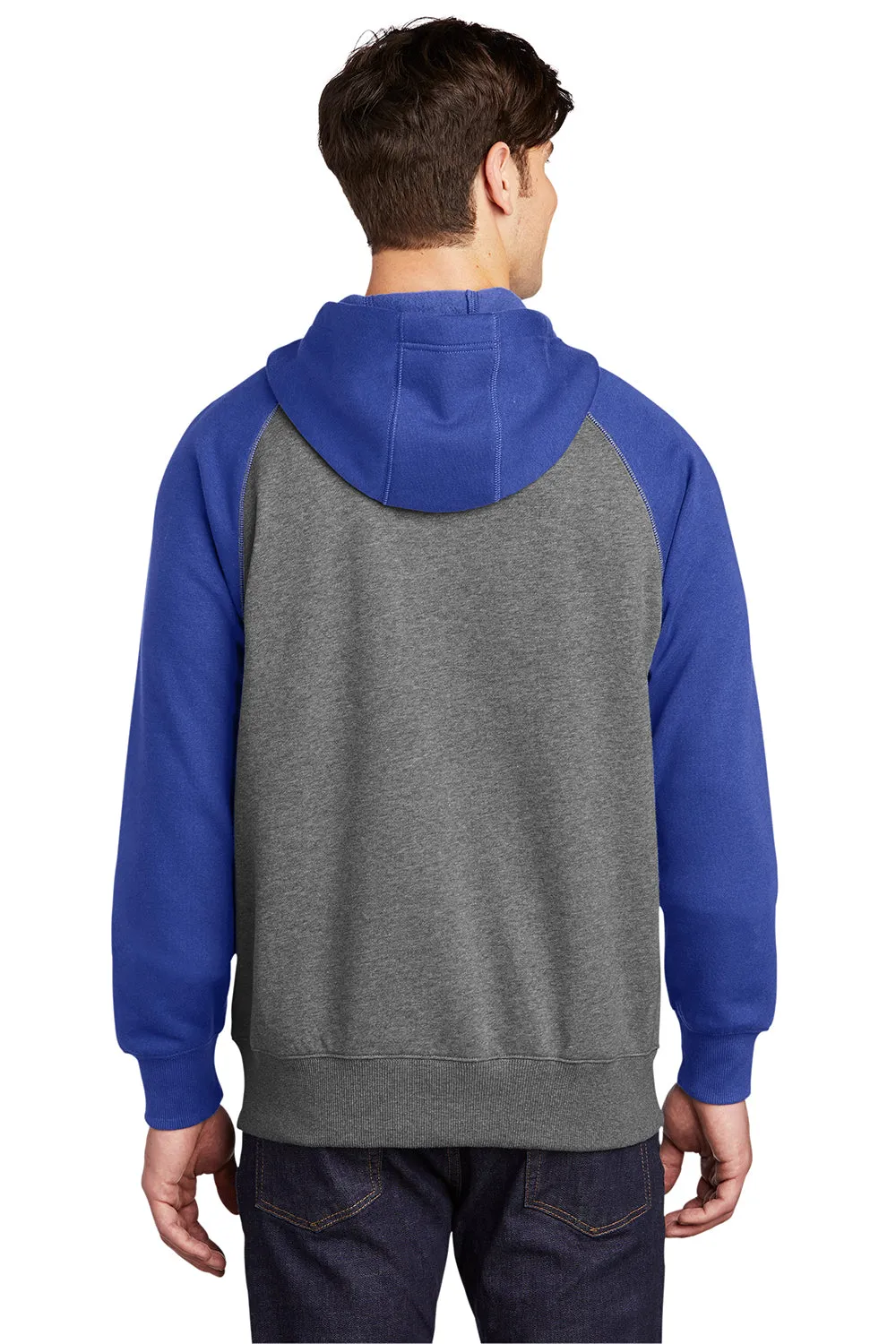 Sport-Tek Herren Fleece-Pullover mit Kapuze und Reißverschluss, schrumpfresistent, mit Taschen - Heather Vintage Grau/Echt Royalblau - Auslaufmodell