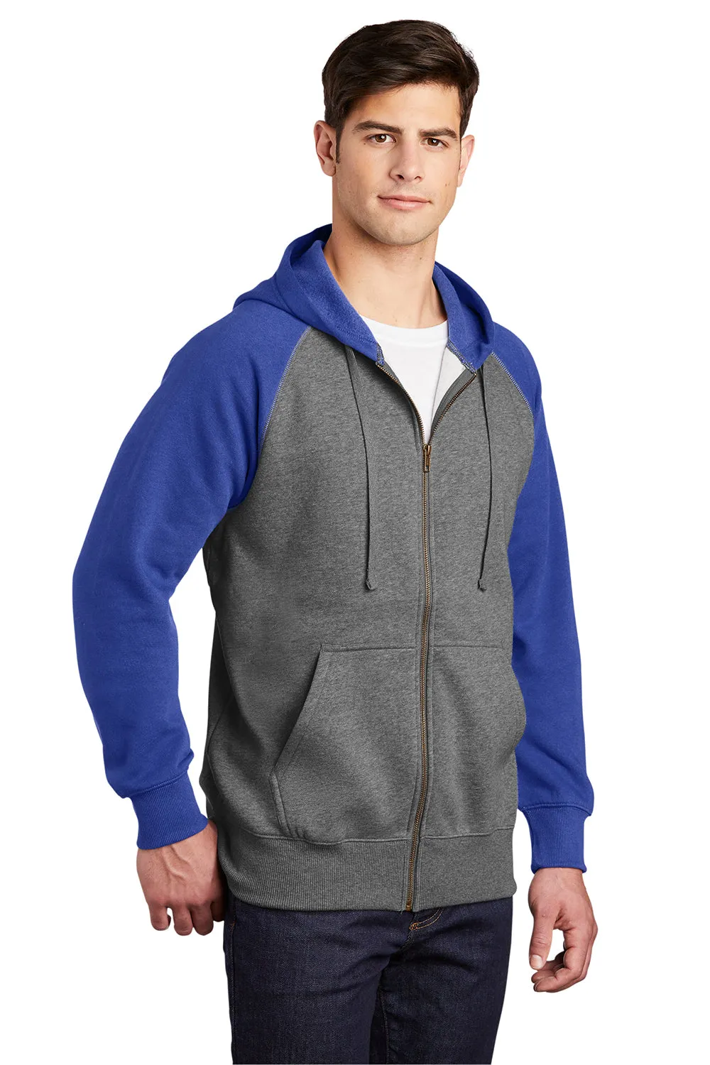 Sport-Tek Herren Fleece-Pullover mit Kapuze und Reißverschluss, schrumpfresistent, mit Taschen - Heather Vintage Grau/Echt Royalblau - Auslaufmodell