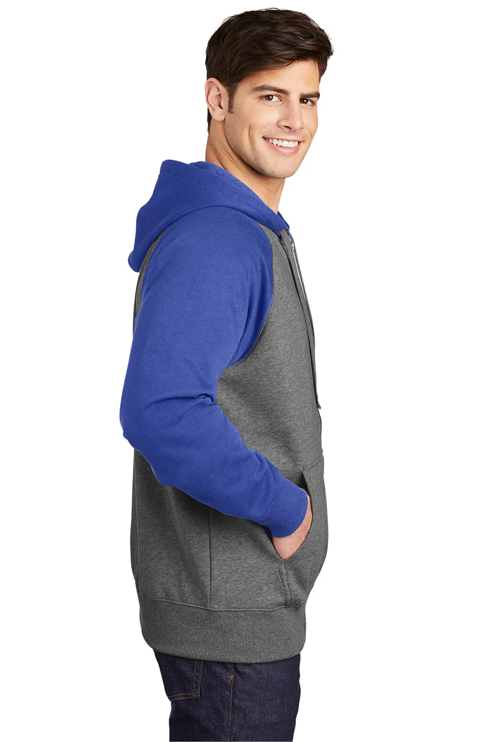 Sport-Tek Herren Fleece-Pullover mit Kapuze und Reißverschluss, schrumpfresistent, mit Taschen - Heather Vintage Grau/Echt Royalblau - Auslaufmodell