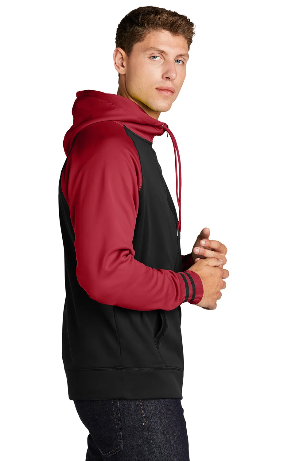Sport-Tek Herren Sport-Wick Feuchtigkeitstransport-Fleece Kapuzenpullover Hoodie mit Beuteltasche - Schwarz/Tiefrot