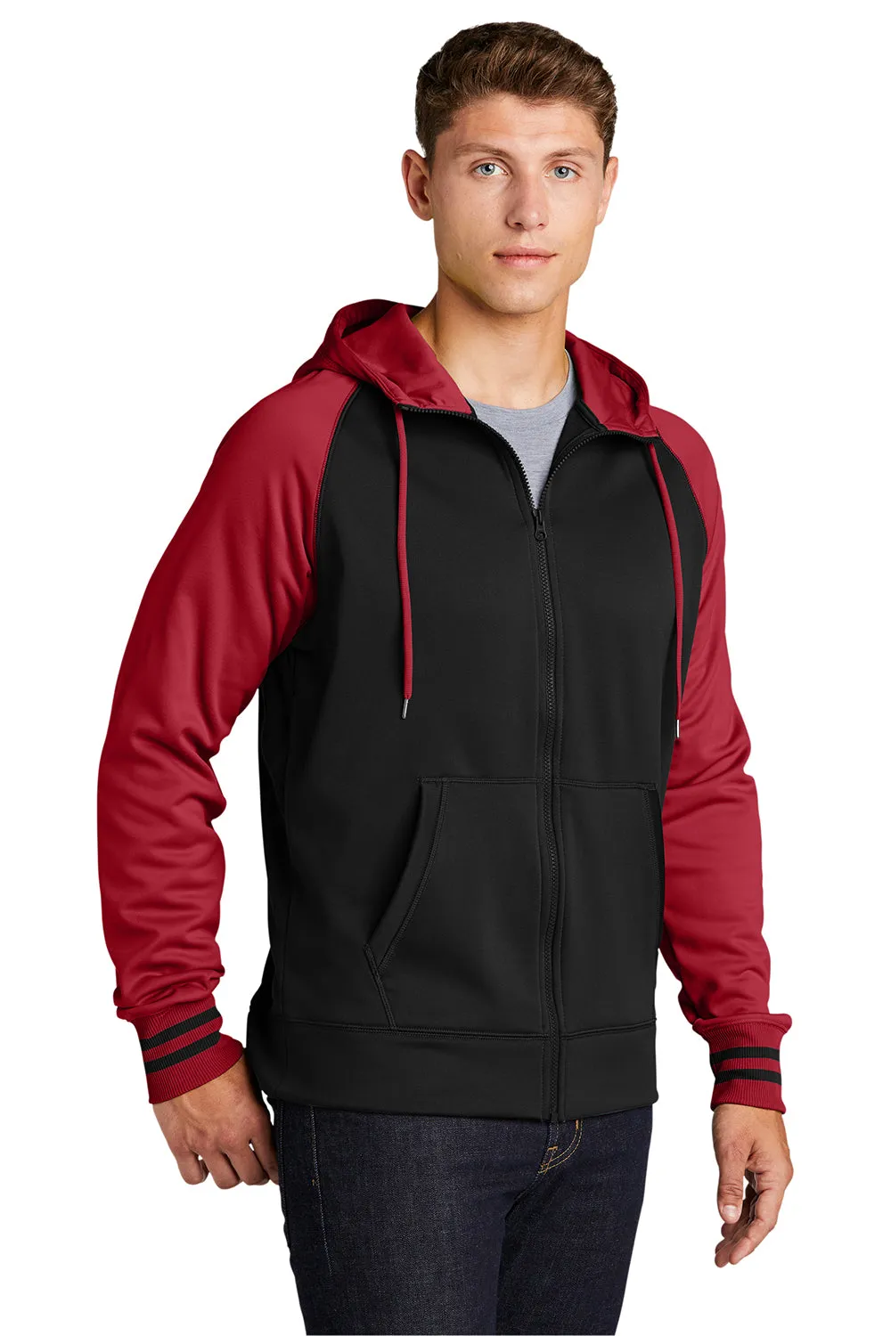 Sport-Tek Herren Sport-Wick Feuchtigkeitstransport-Fleece Kapuzenpullover Hoodie mit Beuteltasche - Schwarz/Tiefrot