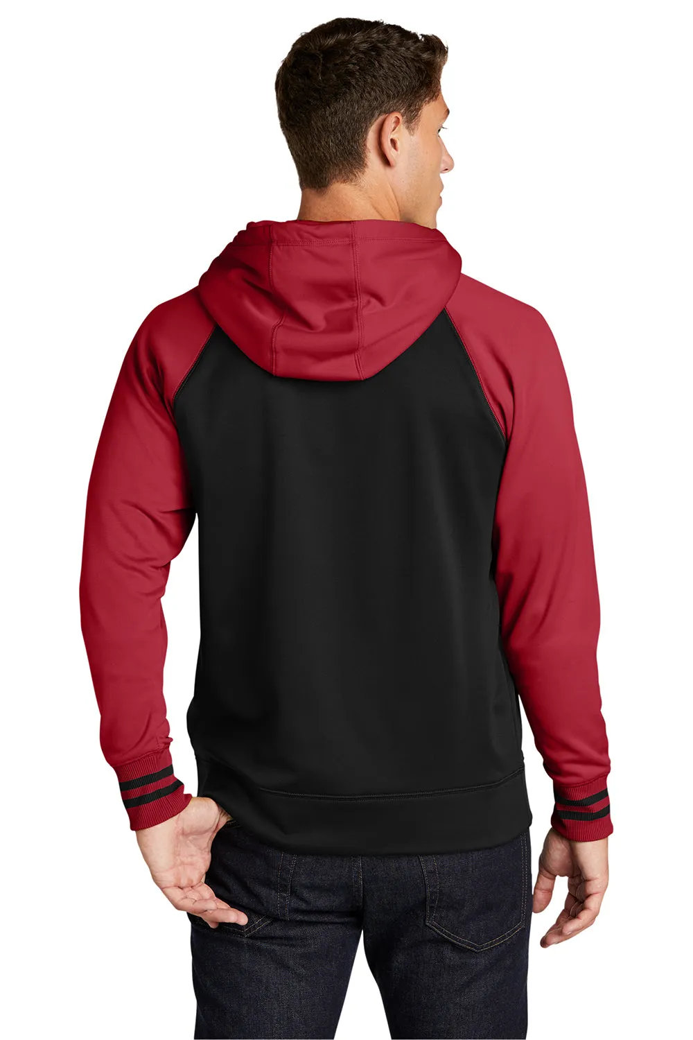 Sport-Tek Herren Sport-Wick Feuchtigkeitstransport-Fleece Kapuzenpullover Hoodie mit Beuteltasche - Schwarz/Tiefrot