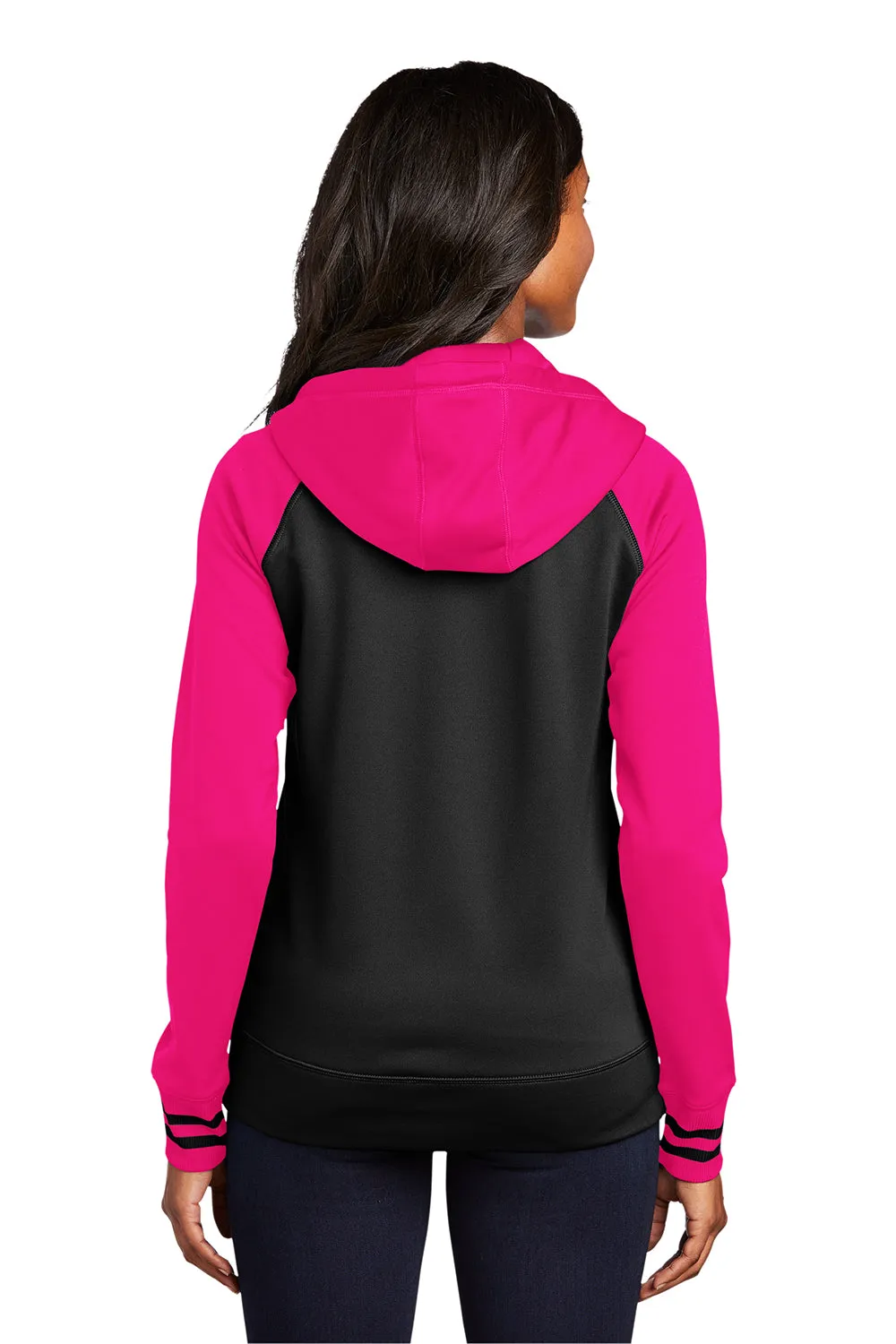Sport-Tek Damen Sport-Wick Feuchtigkeitstransportierende Fleece Kapuzenpullover Hoodie mit Taschen - Schwarz/Neon Pink