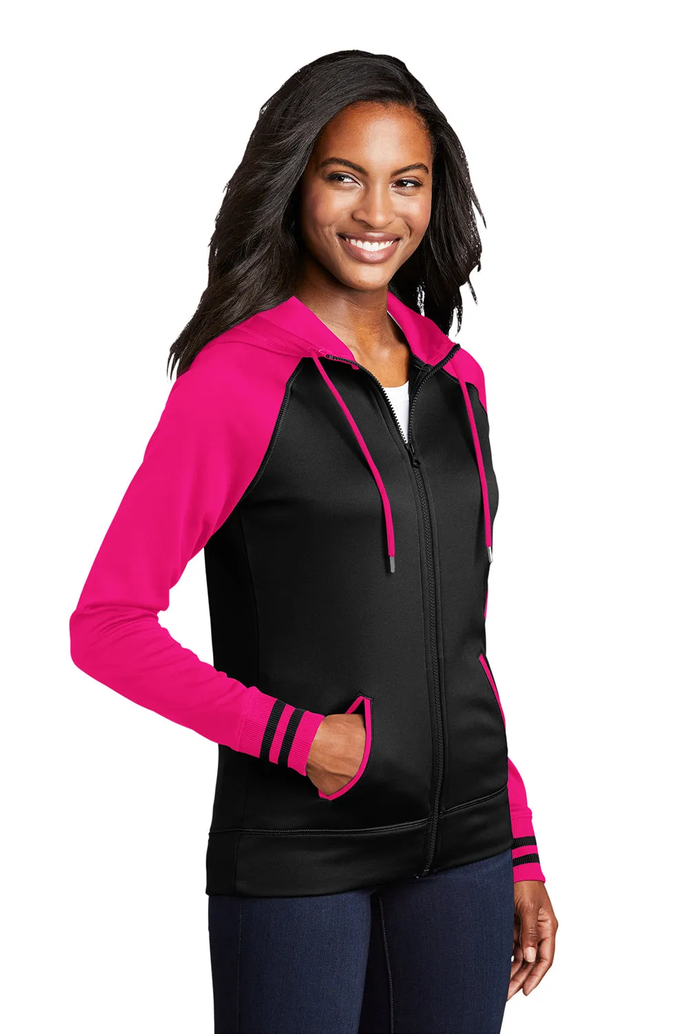 Sport-Tek Damen Sport-Wick Feuchtigkeitstransportierende Fleece Kapuzenpullover Hoodie mit Taschen - Schwarz/Neon Pink