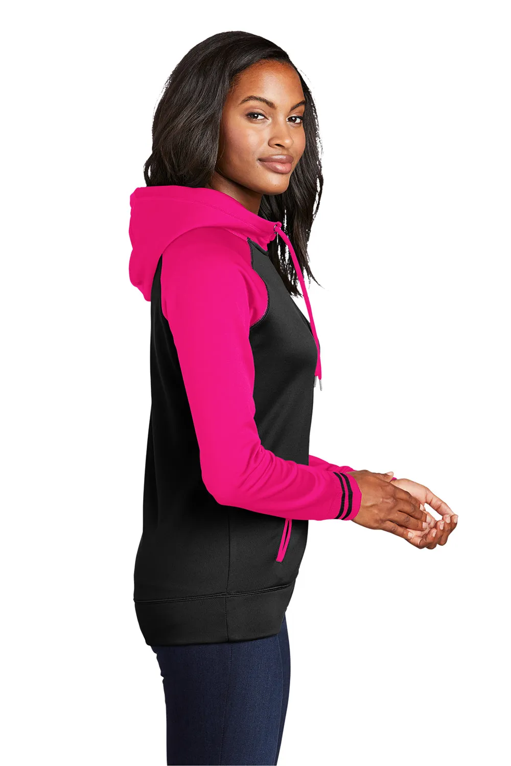 Sport-Tek Damen Sport-Wick Feuchtigkeitstransportierende Fleece Kapuzenpullover Hoodie mit Taschen - Schwarz/Neon Pink