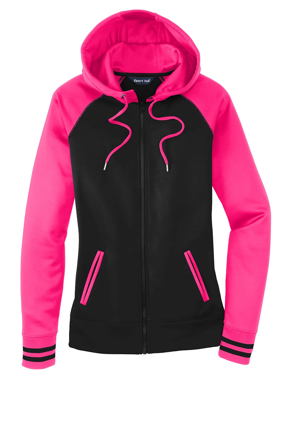 Sport-Tek Damen Sport-Wick Feuchtigkeitstransportierende Fleece Kapuzenpullover Hoodie mit Taschen - Schwarz/Neon Pink
