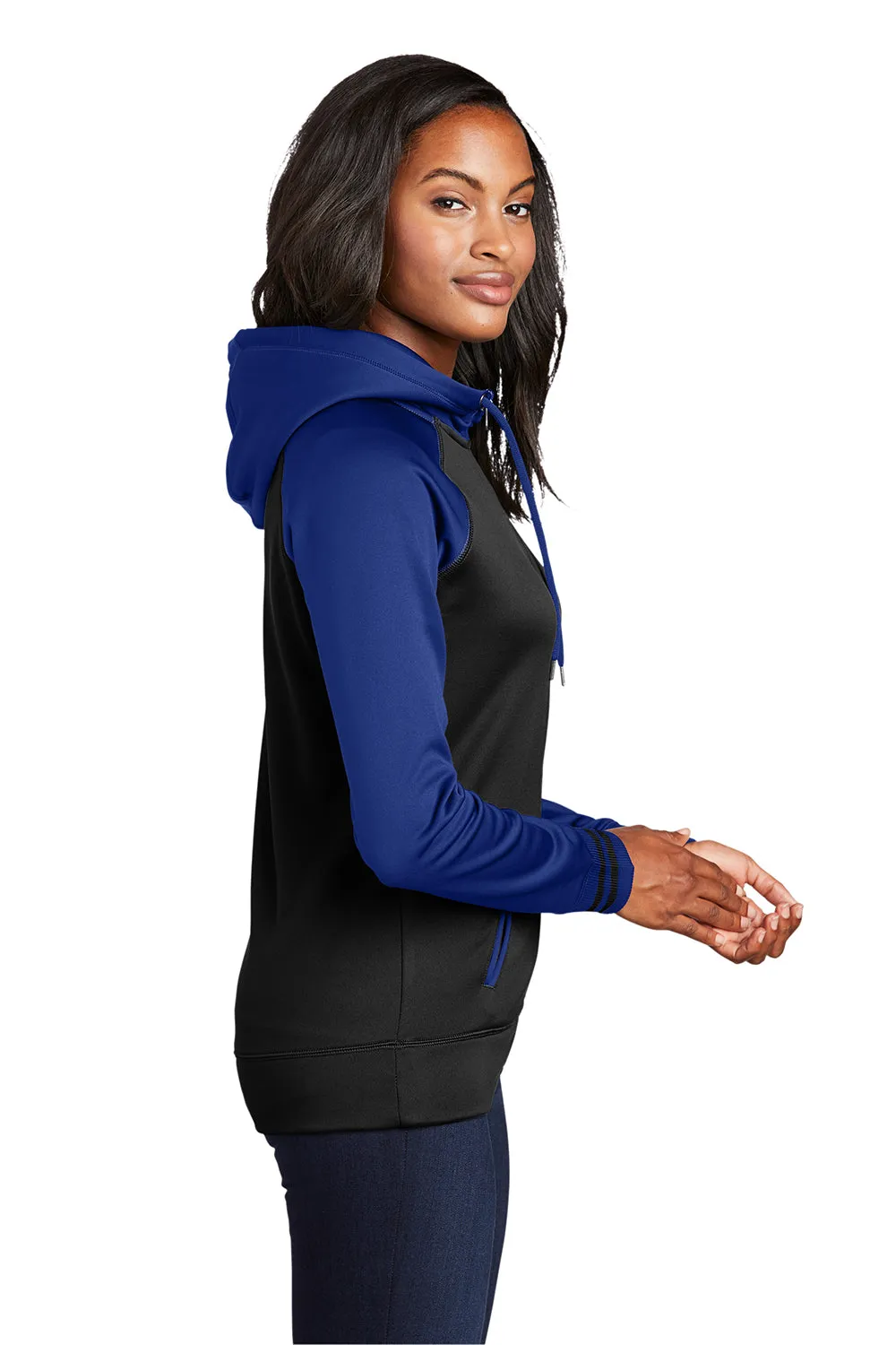 Sport-Tek Damen Sport-Wick Feuchtigkeitstransportierende Fleece Kapuzenpullover Hoodie mit Taschen - Schwarz/Echt Königsblau