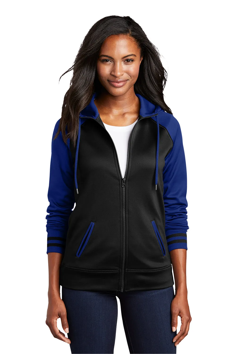Sport-Tek Damen Sport-Wick Feuchtigkeitstransportierende Fleece Kapuzenpullover Hoodie mit Taschen - Schwarz/Echt Königsblau