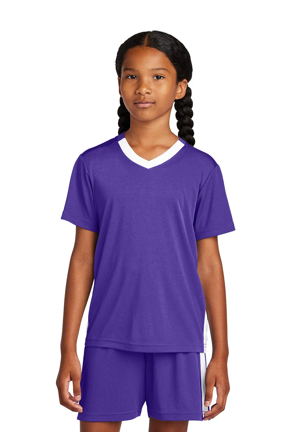 Sport-Tek Youth Feuchtigkeitstransportierendes Competitor United Kurzarm V-Ausschnitt T-Shirt - Lila/Weiß