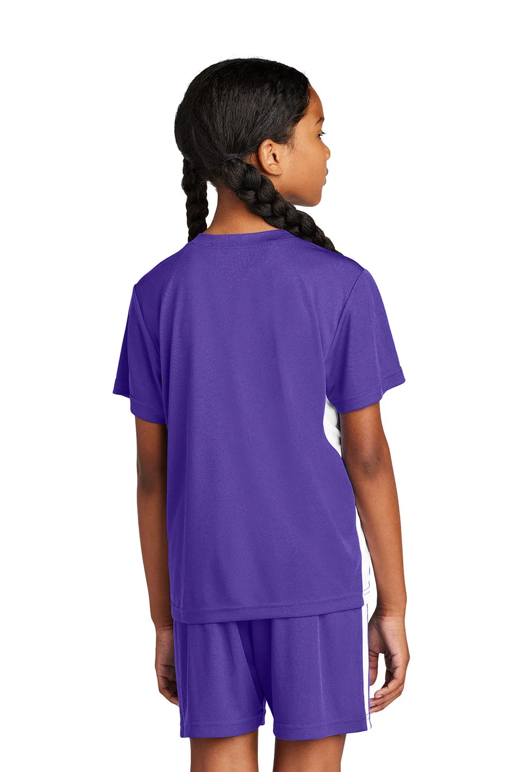 Sport-Tek Youth Feuchtigkeitstransportierendes Competitor United Kurzarm V-Ausschnitt T-Shirt - Lila/Weiß