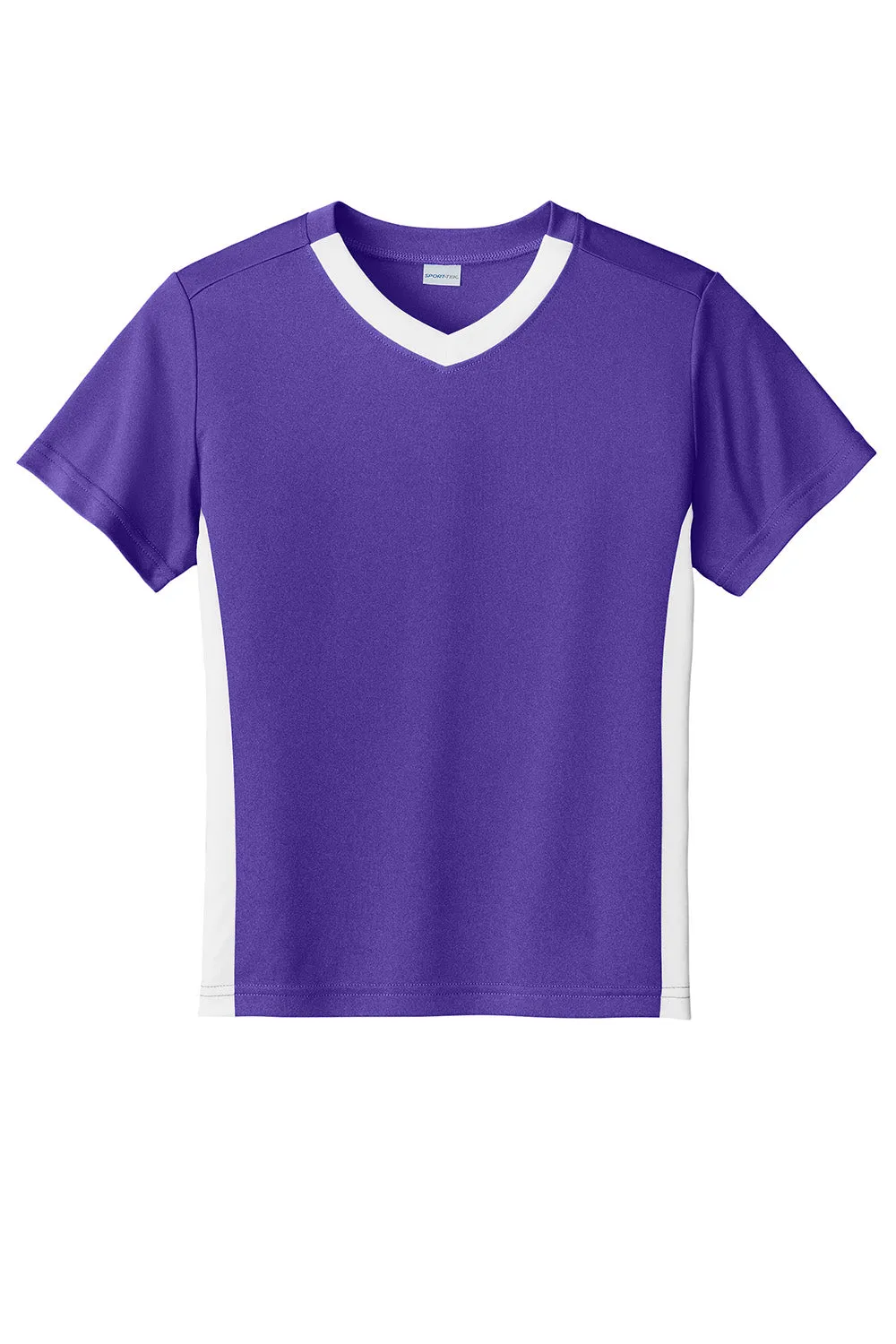 Sport-Tek Youth Feuchtigkeitstransportierendes Competitor United Kurzarm V-Ausschnitt T-Shirt - Lila/Weiß