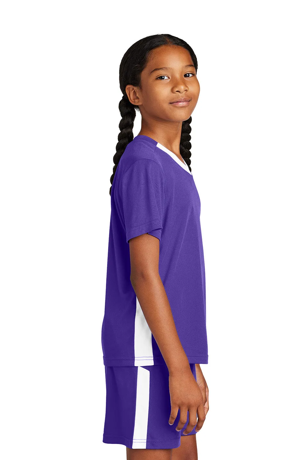 Sport-Tek Youth Feuchtigkeitstransportierendes Competitor United Kurzarm V-Ausschnitt T-Shirt - Lila/Weiß
