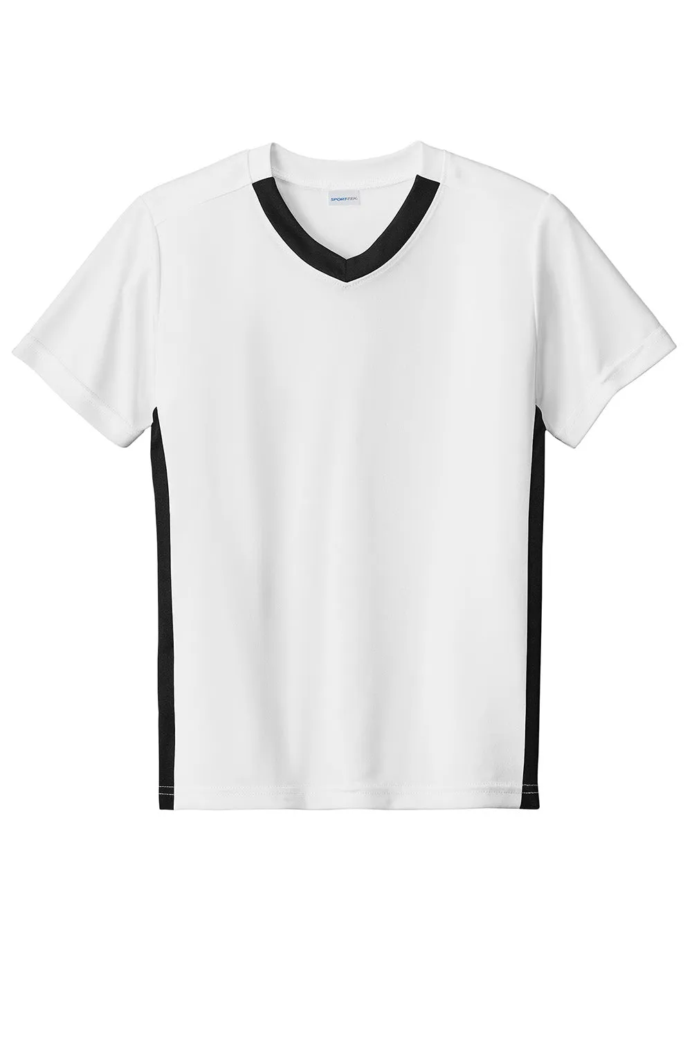 Sport-Tek Youth Feuchtigkeitstransportierender Wettkampf-V-Ausschnitt Kurzarm T-Shirt - Weiß/Schwarz