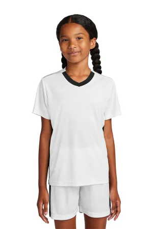 Sport-Tek Youth Feuchtigkeitstransportierender Wettkampf-V-Ausschnitt Kurzarm T-Shirt - Weiß/Schwarz