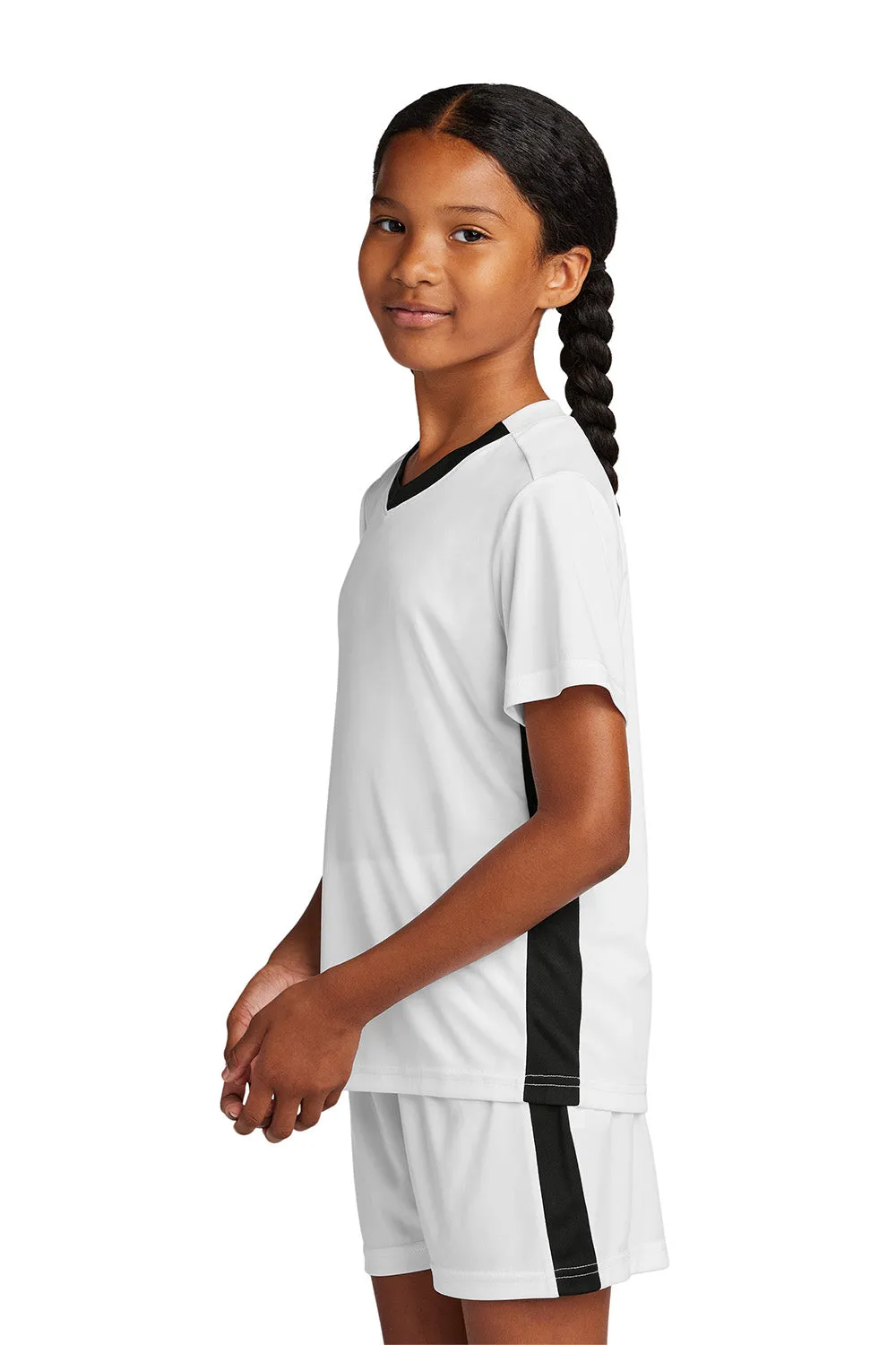 Sport-Tek Youth Feuchtigkeitstransportierender Wettkampf-V-Ausschnitt Kurzarm T-Shirt - Weiß/Schwarz