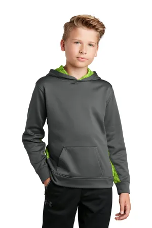 Sport-Tek Jugend Sport-Wick CamoHex Feuchtigkeitstransportierender Fleece Kapuzenpullover mit Kangaroo-Tasche - Dunkelrauchgrau/Leuchtendes Limettengrün